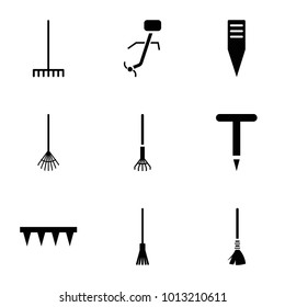 Rake icons. set of 9 editable filled and outline rake icons such as gardening tool, rake