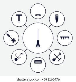 rake icons set. Set of 9 rake filled icons such as gardening tool