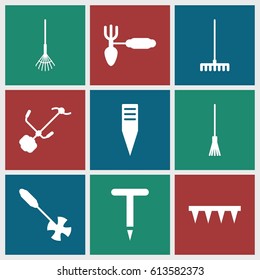 Rake icons set. set of 9 rake filled icons such as gardening tool, rake