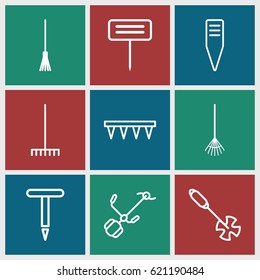 Rake icons set. set of 9 rake outline icons such as gardening tool, rake