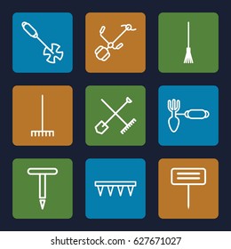 Rake icons set. set of 9 rake outline icons such as gardening tool