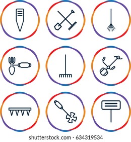 Rake icons set. set of 9 rake outline icons such as gardening tool