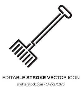 Rake line icon. Outline symbol of gardening tools and equipment. Editable stroke flat vector illustration.