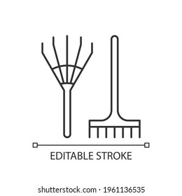 Rake linear icon. Gathering leaves and grass together. Hand-rakes. Long-handled garden tool. Thin line customizable illustration. Contour symbol. Vector isolated outline drawing. Editable stroke