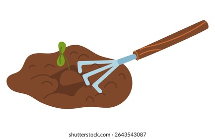 Rake loosens the soil and weeds the planted seedling. Garden tools. Garden work, rakes and plant care. Suitable for agricultural websites, blogs, gardening guides, and garden tool advertisements.