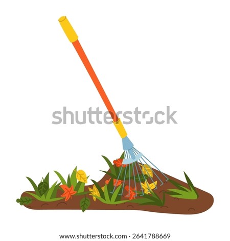 rake picks up fallen leaves in grass with fan. Flat color illustration. Gardening, forestry, harvesting. It is suitable for packaging design, articles about harvesting, farming, eco-products and food