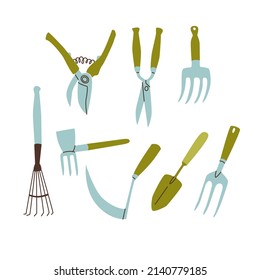 Rake, pitchfork, chopper, scraper, garden shears, wire cutters. Collection gardening tools. Farmers craft. Home gardening, growing natural and ecological products. Flat style in vector illustration.