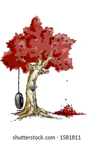 Rake resting on a tree in autumn