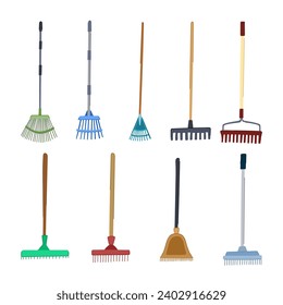 rake set cartoon. tool spade, yard broom, fork grass rake sign. isolated symbol vector illustration