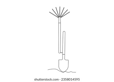 A rake and a shovel. Farm tools one-line drawing