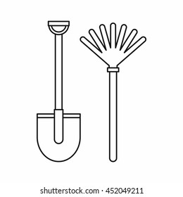 Rake and shovel icon in outline style isolated vector illustration