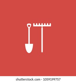 rake and shovel icon. sign design. red background