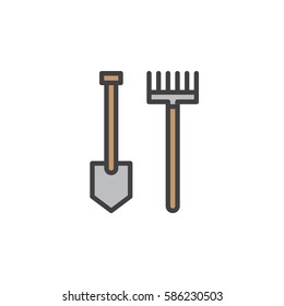 Rake and shovel line icon, filled outline vector sign, linear colorful pictogram isolated on white. Garden accessories for gardening Symbol, logo illustration