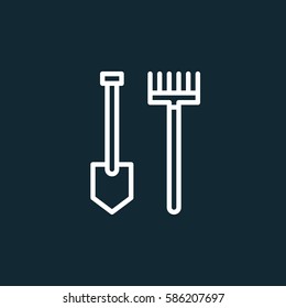 Rake and shovel line icon, outline vector sign, linear white pictogram. Garden accessories for gardening Symbol, logo illustration