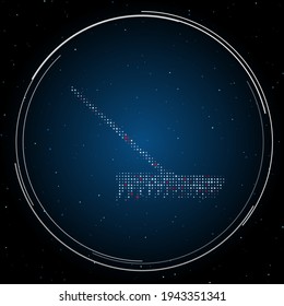The rake symbol filled with white dots. Pointillism style. Some dots is red. Vector illustration on blue background with stars