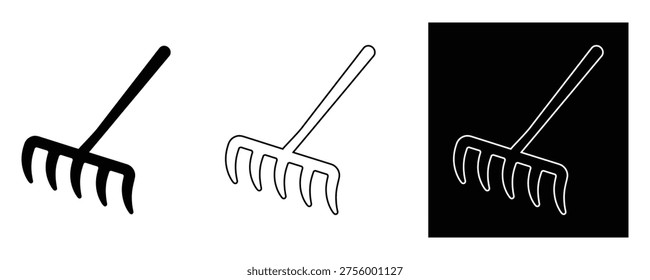 Rake tool icons in black and white for gardening and landscaping designs
