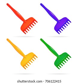 Rake. Toy for  child. Set of plastic rake red yellow green blue. Isolated object. Vector illustration.