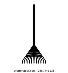 Rake vector icon. Garden tool symbol for landscaping, yard work, and gardening design. Black silhouette isolated on white background.