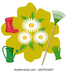 Rake, watering can, rubber boot, glove, daisies - icon, vector. A set of tools for spring-summer work in the flowerbed.