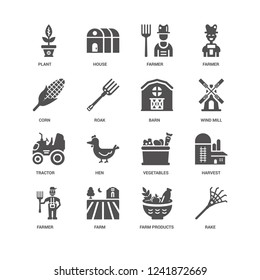 Rake, Wind Mill, Barn, Farmer, Harvest, Plant, Corn, Tractor, Farm Products, Farm, Farmer icon 16 set EPS 10 vector format. Icons optimized for both large and small resolutions.