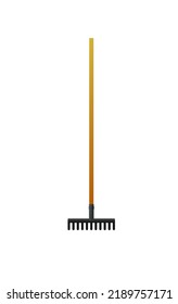 Rake with wooden handle. Agricultural rural garden tool. Isolated on white background. Vector