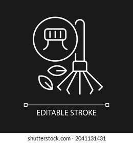 Rakes from bottle caps white linear icon for dark theme. Broom made from recycled plastics. Thin line customizable illustration. Isolated vector contour symbol for night mode. Editable stroke