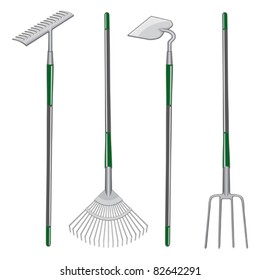 Rakes, Garden Hoe, and Pitchfork is an illustration of two types of rakes, one garden hoe and one pitchfork.