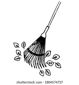 Rakes and leaves. Vector illustration on the theme of cleaning autumn leaves, black outline, Doodle, silhouette on a white background.