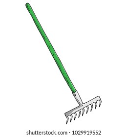 Rakes with a long green handle. Garden tools. Rake with sharp teeth. Vector illustration.