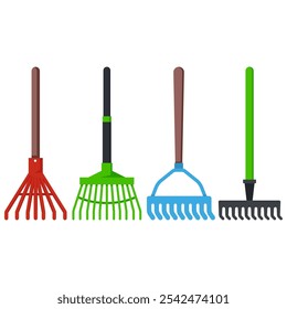 Rakes vector cartoon set isolated on a white background.