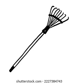 Rakes Vektorgrafik zum Thema der Reinigung Herbstblätter, schwarze Umrisse. Doodle-Silhouette auf weißem Hintergrund.