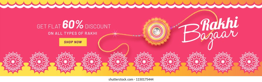 Rakhi Bazar sale header or banner design with get flat 60% discount offer and beautiful rakhi (wristband) for Raksha Bandhan celebration concept.