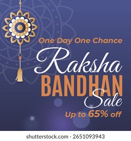 Rakhi design on dark blue background. One day one chance. Up to 65% off. Raksha Bandhan Sale Banner for online and offline ads. vector Illustration. 65% off.