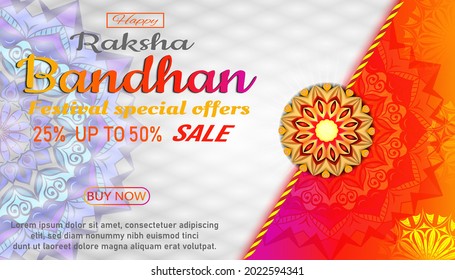 Rakhi Festival sale background design with Rakhi Bandhan illustration, special offer 25% to 50% discount sale, bright orange color and white color