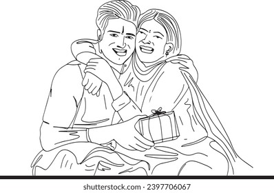 Rakhi Festive Bliss: Indian Brother Presents Gift to Sister - Cartoon Clip Art, Brotherly Love in Sketch: Rakhi Festival Cartoon Illustration Clip Art