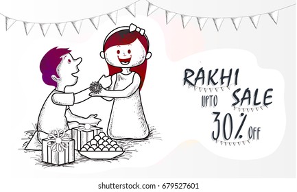 Rakhi Sale and Discount poster, banner or flyer design. Hand drawn illustration of cute kids celebrating Raksha Bandhan Festival.