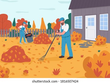 Raking Leaves Flat Color Vector Illustration. People In Uniform Do Seasonal Cleanup In Yard. Woman And Man Clean Backyard Lawn. Family 2D Cartoon Characters With Landscape On Background