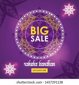 raksha bandhan big sale and discounts advertising poster with indian mandala emblems purple and golden colors vector illustration graphic design