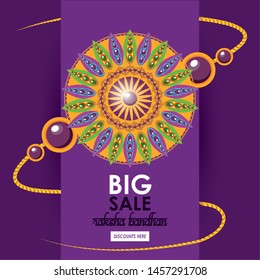raksha bandhan big sale and discounts advertising poster with indian mandala emblems purple and golden colors vector illustration graphic design