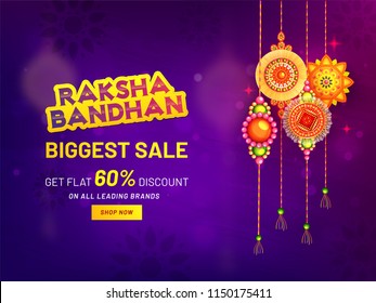 Raksha Bandhan Biggest Sale banner or poster design, get flat 60% discount offer with Hanging rakhi (wristbands) on purple mandala background.