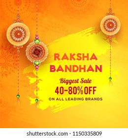 Raksha Bandhan Biggest Sale banner or poster design with 40-80% off offer and decorated rakhi ( wristbands) on shiny yellow brush stroke background.