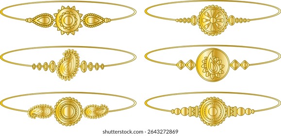 raksha bandhan pulseira vetor de ouro conjunto tradicional indiano festival elementos de proteção e amor irmão ilustrações elegantes