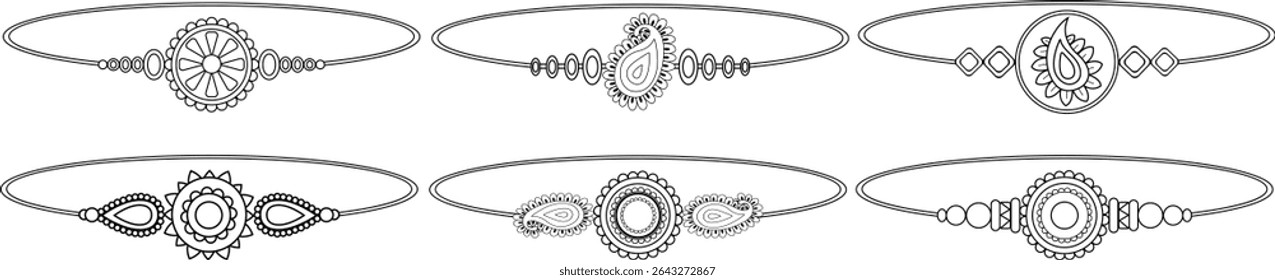 raksha bandhan pulseira linha arte vetor definir tradicional indiano festival elementos de proteção e amor irmão silhuetas pretas