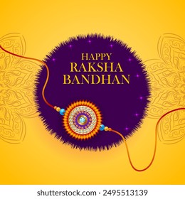  Eine Raksha Bandhan Karte mit einem leuchtend gelben Hintergrund. Es verfügt über einen zentralen violetten Kreis mit einem funkelnden Rakhi mit goldenem Rahmen und bunten Steinen verziert