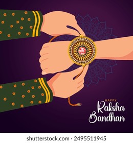 A Raksha Bandhan card showing a sister tying a Rakhi on his brother's wrist It features a dark purple background with a golden mandala elegant Happy Raksha Bandhan text 