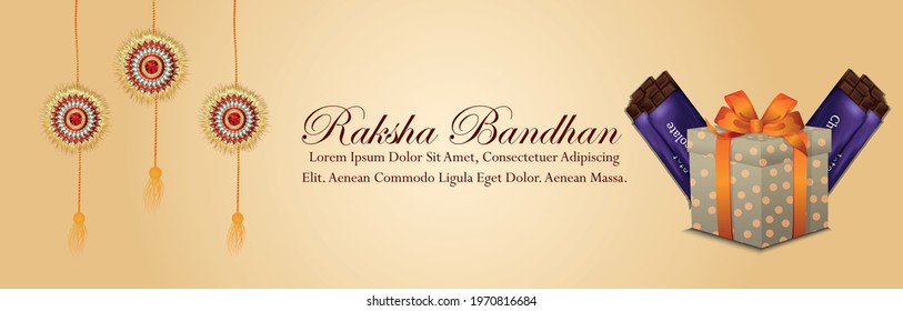 Raksha bandhan celebration banner or header with realistic rakhi and gifts