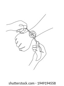 Raksha Bandhan celebration continuous one line drawing. Sister tying rakhi on brother’s hand.