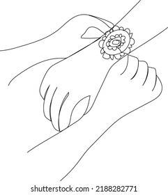 Raksha Bandhan, celebración de un contínuo dibujo de una línea. Vinculación de hermanas (Raksha Bandhan) en la mano de un hermano