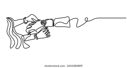  Raksha Bandhan celebration continuous one line drawing. Sister tying on brother’s hand, Raksha Bandhan celebration continuous one line drawing. Sister tying on brother. 