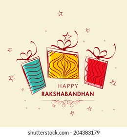 Raksha Bandhan celebrations greeting card with colorful gift boxes on stars decorated beige background. 